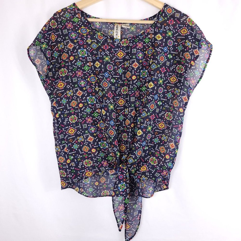 Mimi Chica Women's Multi-Colored Geometric Pattern Tie Up Blue Blouse Size Small